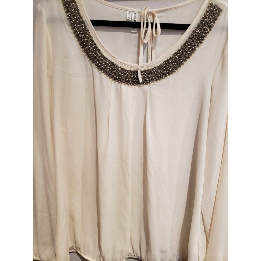 Maurices plus sz 2 Ivory semi-sheer‎ Long Sleeve Beaded Neck keyhole back top - Picture 3 of 6